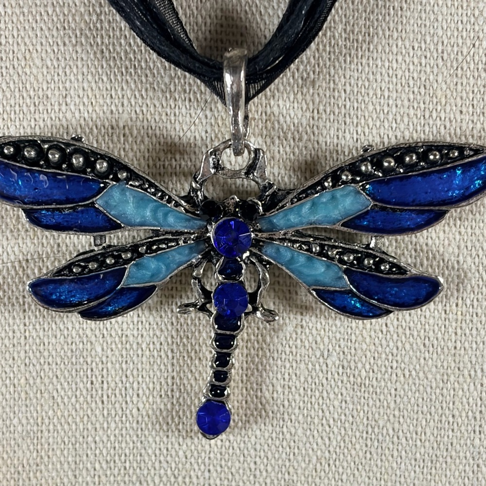 Blue and Silver Dragonfly Pendant Necklace - Picture 2 of 5